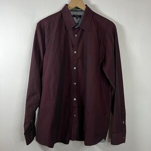 Ted Baker Top Men Size 6 Maroon Collared Button Up Long Sleeve Shirt Cotton